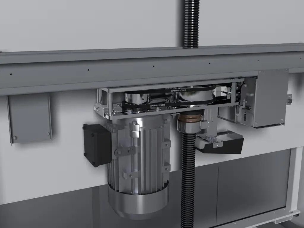 Ilustrasi teknologi screw drive pada lift rumah Kalea yang menunjukkan sistem penggerak utama