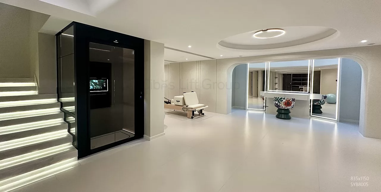 Antera Z85 Jet Black dengan tampilan premium yang menyatu dengan interior rumah, menunjukkan bagaimana lift rumah dapat selaras dengan desain ruang secara elegan.